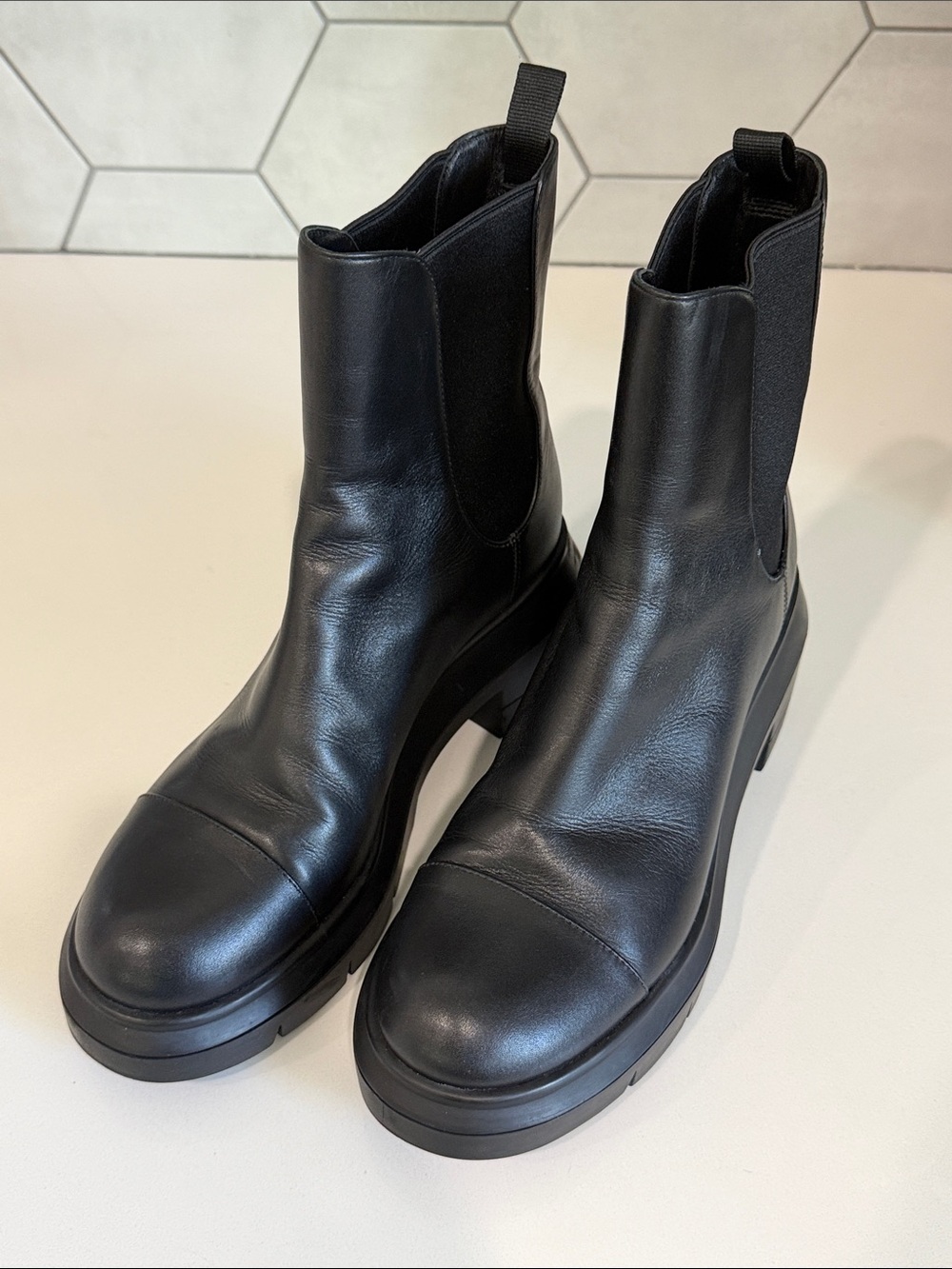 Stuart Weitzman Black Leather Platform Lug Boots - Picture 5 of 14